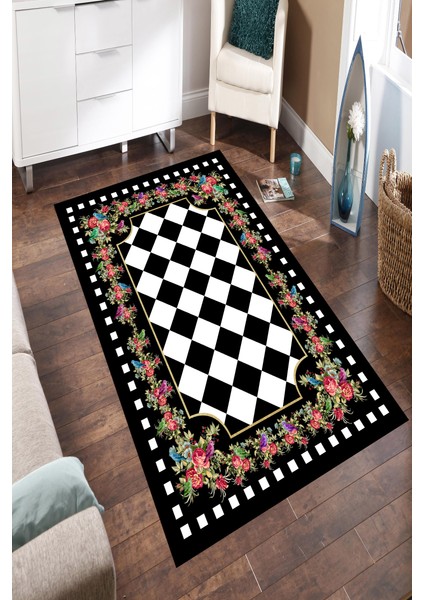 Kaymaz Dot Taban Yıkanabilir Dijital Baskı Dekoratif Tasarımlı Salon Halısı 80 x 200