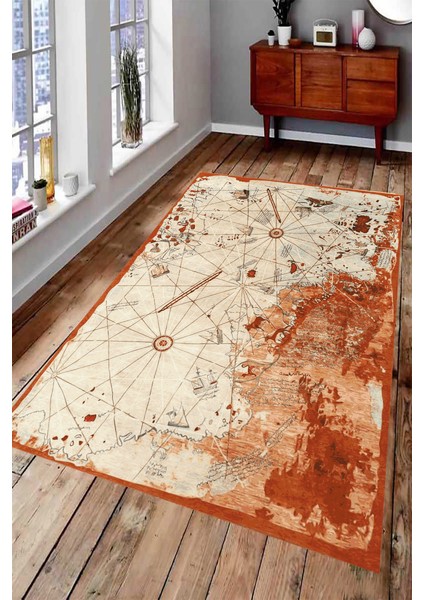 Kaymaz Dot Taban Yıkanabilir Dijital Baskı Harita Tasarımlı Salon Halısı 80 x 100