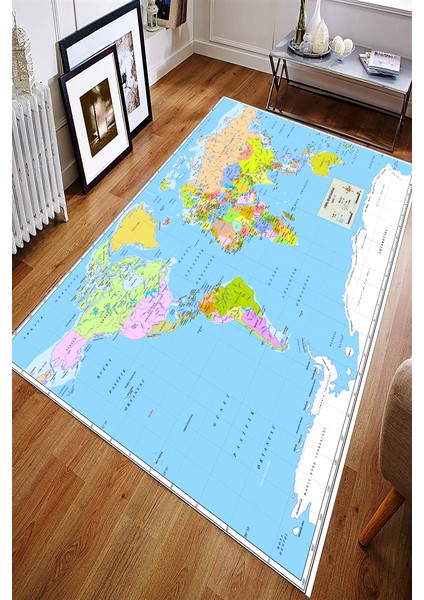 Kaymaz Dot Taban Yıkanabilir Dijital Baskı Dünya Haritası Tasarımlı Salon Halısı 80 x 100