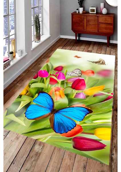 Kaymaz Dot Taban Yıkanabilir Dijital Baskı Lale Tasarımlı Salon Halısı 180 x 280