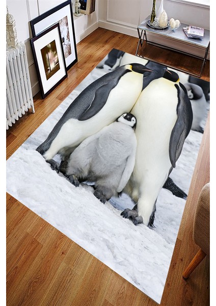 Kaymaz Dot Taban Yıkanabilir Dijital Baskı Penguen Ailesi Tasarımlı Salon Halısı 80 x 100