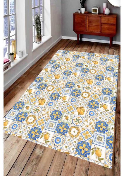 Kaymaz Dot Taban Yıkanabilir Dijital Baskı Limonlu Motif Tasarımlı Salon Halısı 200 x 300