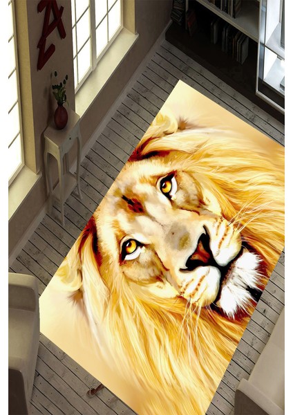 Kaymaz Dot Taban Yıkanabilir Dijital Baskı Arslan Silüeti Tasarımlı Salon Halısı 80 x 200