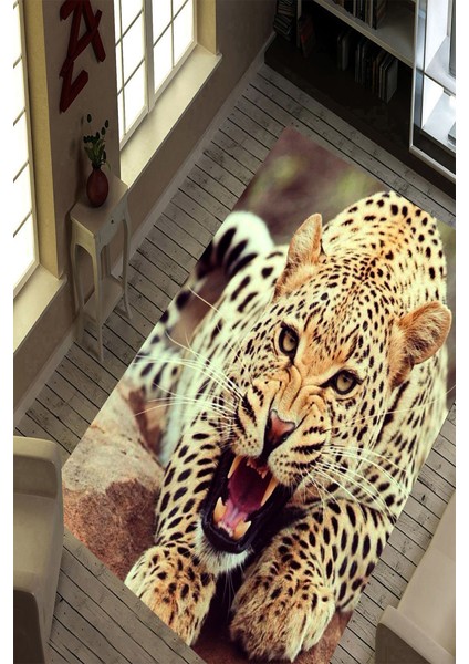 Kaymaz Dot Taban Yıkanabilir Dijital Baskı Sert Ve Doğal Leopar Salon Halısı 200 x 300