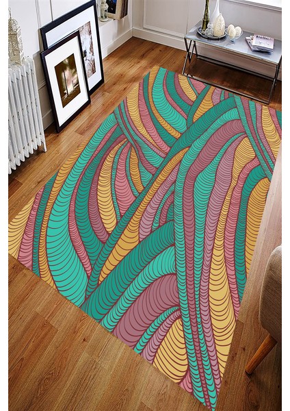 Kaymaz Dot Taban Yıkanabilir Dijital Baskı Renkli İpler Salon Halısı 180 x 280