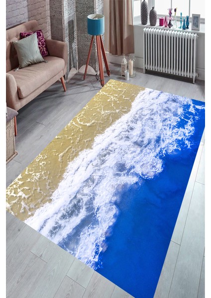 Kaymaz Dot Taban Yıkanabilir Dijital Baskı Deniz Ve Sahil Buluşması Salon Halısı 80 x 100