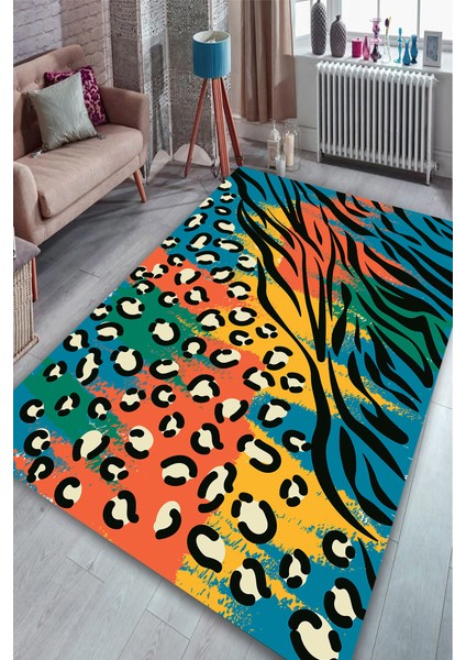 Kaymaz Dot Taban Yıkanabilir Dijital Baskı Zebra Ve Leopar Detaylı Renkler Salon Halısı 180 x 280