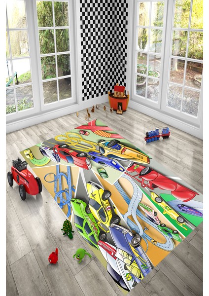 Kaymaz Dot Taban Yıkanabilir Dijital Baskı Yarış Arabaları Çocuk Halısı 80 x 100