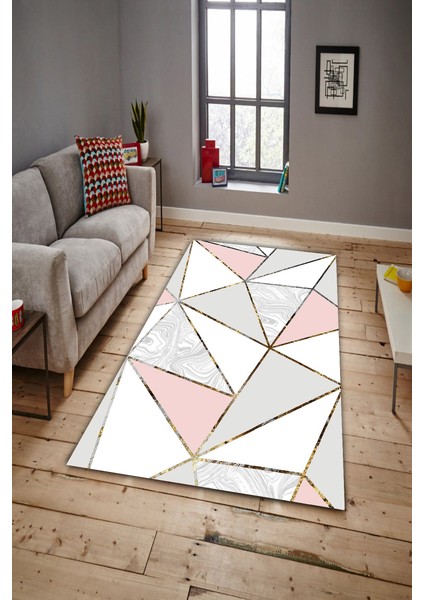 Kaymaz Dot Taban Yıkanabilir Dijital Baskı Mermer Efektli Geometrik Desen Salon Halısı 80 x 100