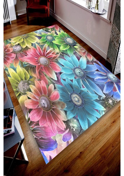 Kaymaz Dot Taban Yıkanabilir Dijital Baskı Realist Modern Çiçekler Salon Halısı 80 x 200