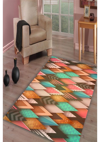 Kaymaz Dot Taban Yıkanabilir Dijital Baskı D Geometrik Üçgenler Salon Halısı 80 x 200