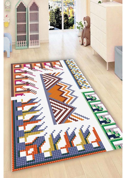 Kaymaz Dot Taban Yıkanabilir Dijital Baskı Pikselli Taşlar Çocuk Halısı 80 x 100