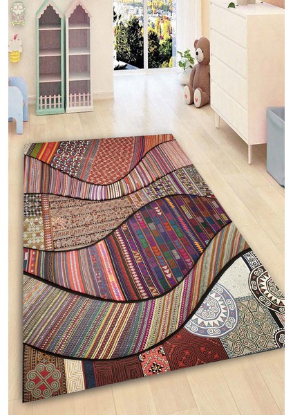 Kaymaz Dot Taban Yıkanabilir Dijital Baskı Etnik Geometrik Soft Renkler Çocuk Halısı 80 x 100