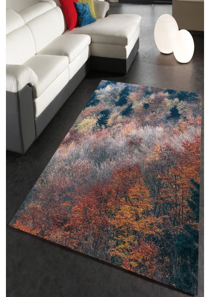 Kaymaz Dot Taban Yıkanabilir Dijital Baskı Sonbahar Mevsimleri Ve Orman Salon Halısı 80 x 100