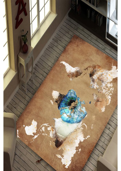 Kaymaz Dot Taban Yıkanabilir Dijital Baskı Eskitme Zeminli Dünya Haritası Salon Halısı 80 x 100