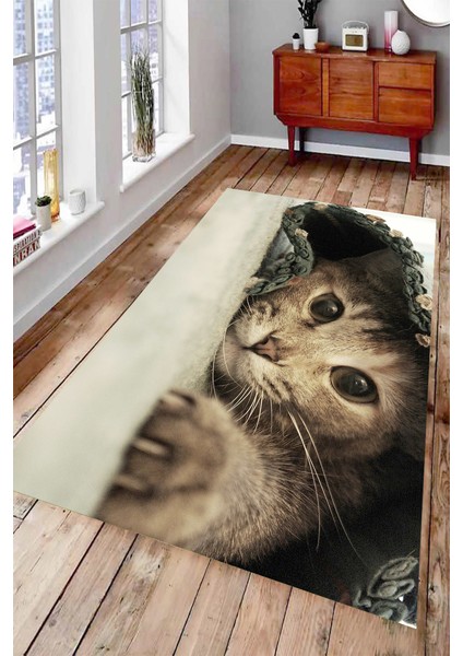 Kaymaz Dot Taban Yıkanabilir Dijital Baskı Pati Uzatan Sevimli Kedi Salon Halısı 80 x 100