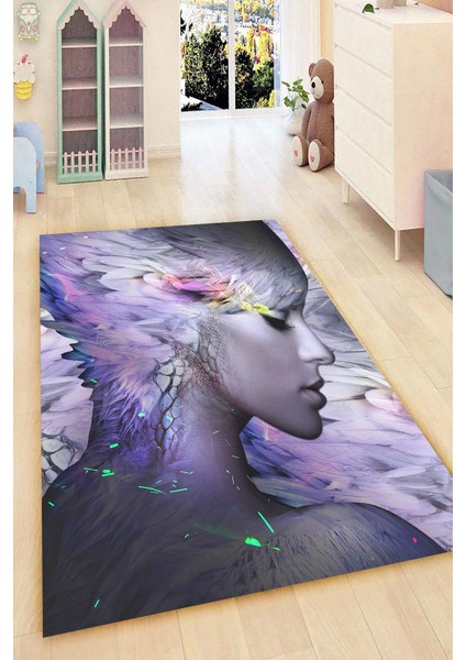 Kaymaz Dot Taban Yıkanabilir Dijital Baskı Modern Portre Desenli Salon Halısı 80 x 200