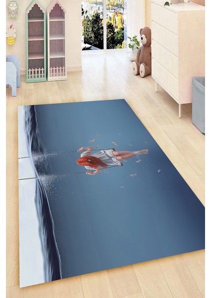 Kaymaz Dot Taban Yıkanabilir Dijital Baskı Yalnız Kız Ve Okyanus Derinlikleri Çocuk Halısı 80 x 100