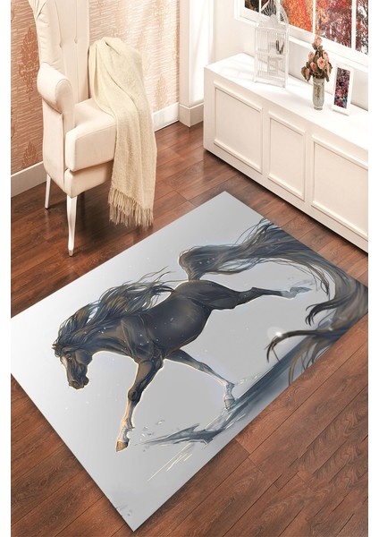 Kaymaz Dot Taban Yıkanabilir Dijital Baskı Dijital Çizimli At Salon Halısı 80 x 250