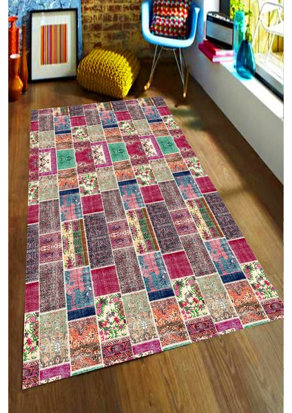 Kaymaz Dot Taban Yıkanabilir Dijital Baskı Etnik Renkler Salon Halısı 80 x 200
