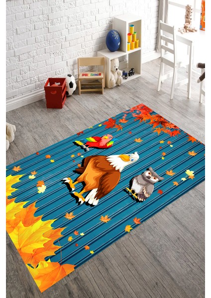 Kaymaz Dot Taban Yıkanabilir Dijital Baskı Çizgifilm Hayvanlar Çocuk Halısı 80 x 100
