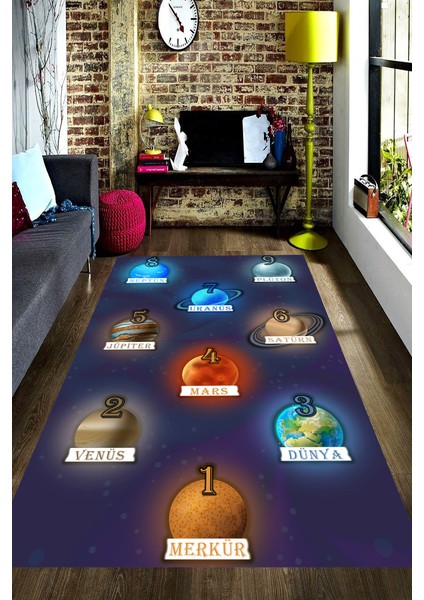 Kaymaz Dot Taban Yıkanabilir Dijital Baskı Öğretici Gezegenler Salon Halısı 80 x 100