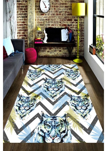 Kaymaz Dot Taban Yıkanabilir Dijital Baskı Kaplan Ve Yaprak Detaylı Geometrik Desen Salon Halısı 200 x 300