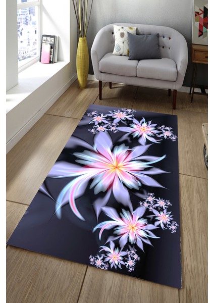 Kaymaz Dot Taban Yıkanabilir Dijital Baskı Modern Renkli Çiçekler Salon Halısı 80 x 100