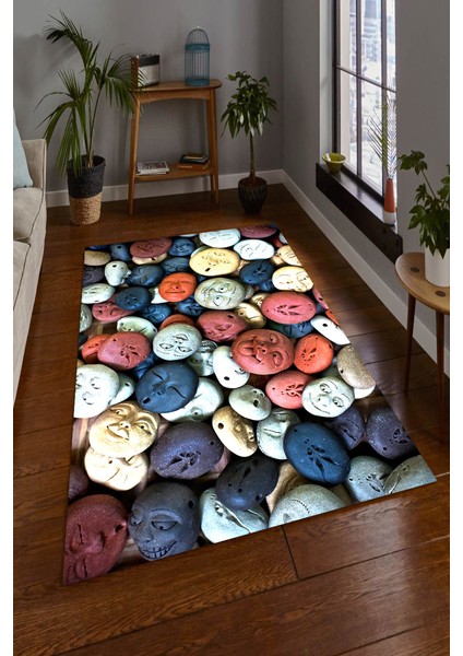 Kaymaz Dot Taban Yıkanabilir Dijital Baskı Gülen Surat Taşlar Salon Halısı 200 x 300