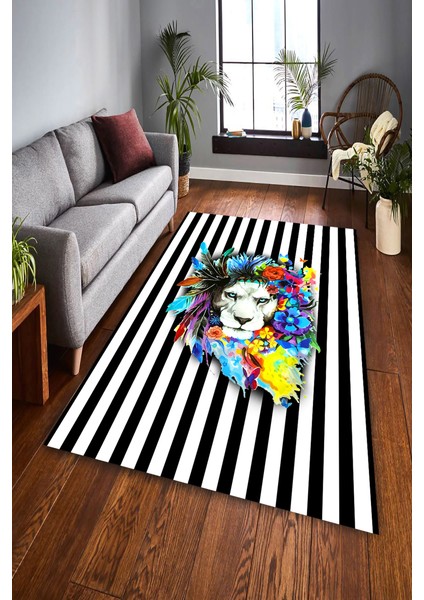 Kaymaz Dot Taban Yıkanabilir Dijital Baskı Boyama Aslan Çizgili Zemin Salon Halısı 80 x 250