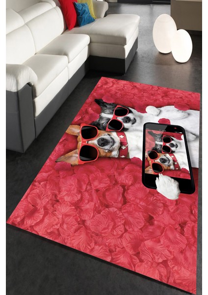 Kaymaz Dot Taban Yıkanabilir Dijital Baskı Havalı Köpekler Salon Halısı 180 x 280