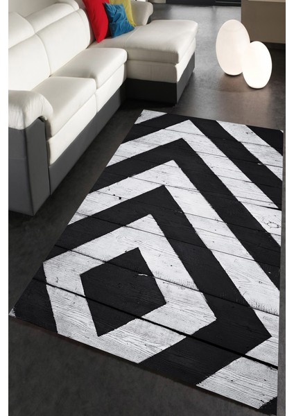 Kaymaz Dot Taban Yıkanabilir Dijital Baskı Siyah Beyaz Boyama Tahta Salon Halısı 80 x 200