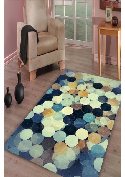Kaymaz Dot Taban Yıkanabilir Dijital Baskı Kristal Daireler Salon Halısı 80 x 100