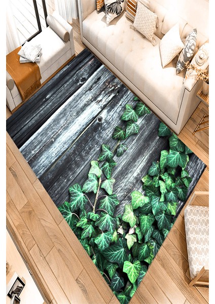 Kaymaz Dot Taban Yıkanabilir Antibakteriyel Dijital Baskı Tahtalar Ve Sarmaşık Yapraklar Salon Halısı 80 x 200