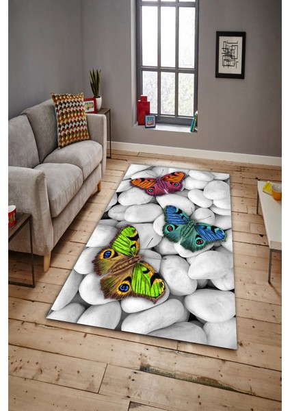 Kaymaz Dot Taban Yıkanabilir Dijital Baskı Taşlar Ve Kelebekler Salon Halısı 80 x 600
