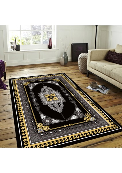 Kaymaz Dot Taban Yıkanabilir Dijital Baskı Altın Çerçeve Desenli Salon Halısı 180 x 280