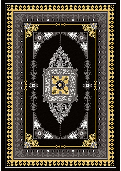 Kaymaz Dot Taban Yıkanabilir Dijital Baskı Altın Çerçeve Desenli Salon Halısı 180 x 280
