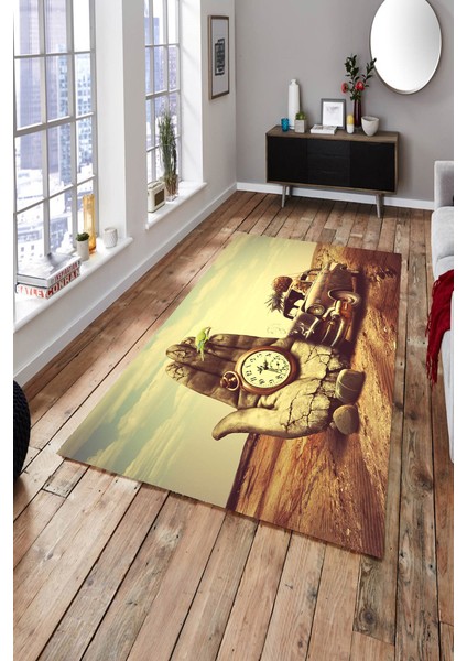 Kaymaz Dot Taban Yıkanabilir Dijital Baskı Retro Objeler Tasarımı Salon Halısı 80 x 100