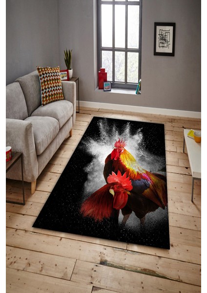 Kaymaz Dot Taban Yıkanabilir Dijital Baskı Horozlar Ve Renk Sıçraması Salon Halısı 80 x 100
