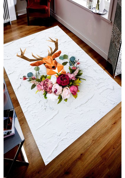 Kaymaz Dot Taban Yıkanabilir Dijital Baskı Çiçek Çerçevesindeki Geyik Başı Salon Halısı 180 x 280