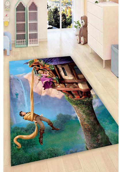 Kaymaz Dot Taban Yıkanabilir Dijital Baskı Kızgın Rapunzel Çocuk Halısı 180 x 280