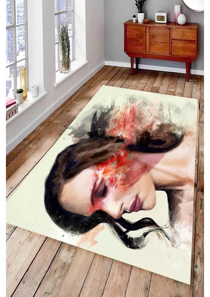 Kaymaz Dot Taban Yıkanabilir Dijital Baskı Asalet Ve Zerafet Birleşimi Portresi Salon Halısı 80 x 600