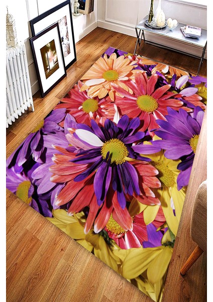 Kaymaz Dot Taban Yıkanabilir Dijital Baskı Renkli Papatyalar Birleşmesi Salon Halısı 80 x 100