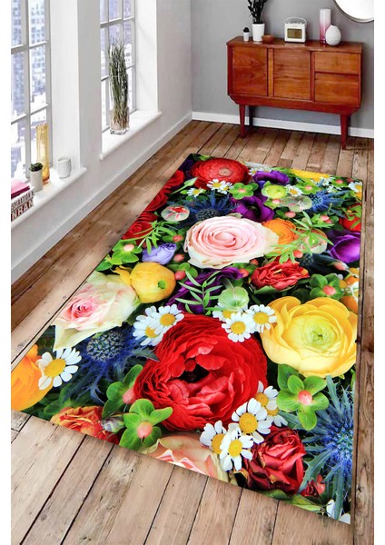 Kaymaz Dot Taban Yıkanabilir Dijital Baskı Gül Papatya Ve Sümbüller Salon Halısı 80 x 200