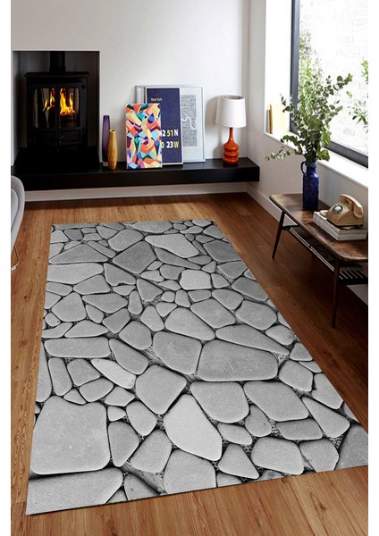 Kaymaz Dot Taban Yıkanabilir Dijital Baskı Gri Tonlar Geometrik Taşlar Salon Halısı 60 x 100