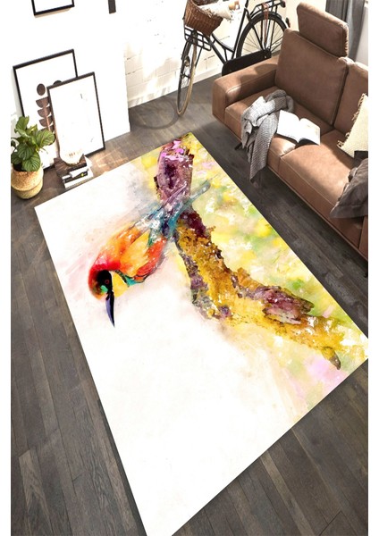 Kaymaz Dot Taban Yıkanabilir Dijital Baskı Suluboya Efektli Ağaca Konan Kuş Salon Halısı 100 x 600