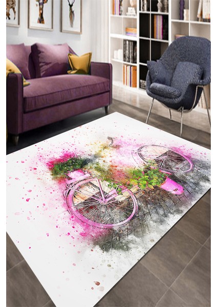 Kaymaz Dot Taban Yıkanabilir Dijital Baskı Suluboya Efektli Huzura Giden Bisiklet Salon Halısı 80 x 100