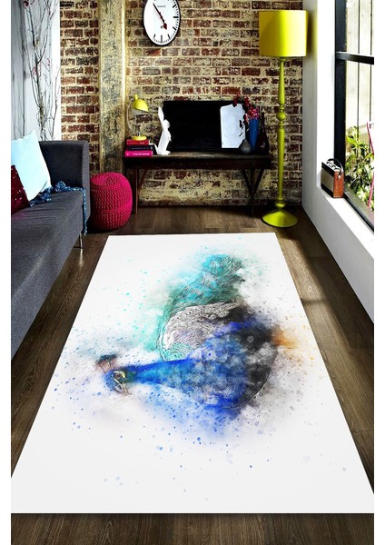 Kaymaz Dot Taban Yıkanabilir Dijital Baskı Suluboya Efektli Mavi Tavus Kuşu Salon Halısı 80 x 200