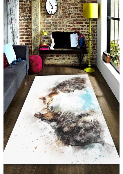 Kaymaz Dot Taban Yıkanabilir Dijital Baskı Suluboya Efektli Romantik Kediler Salon Halısı 80 x 200