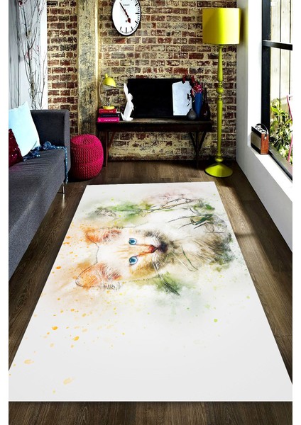 Kaymaz Dot Taban Yıkanabilir Dijital Baskı Suluboya Efektli Etkileyici Bakışlar Kedi Salon Halısı 100 X 125